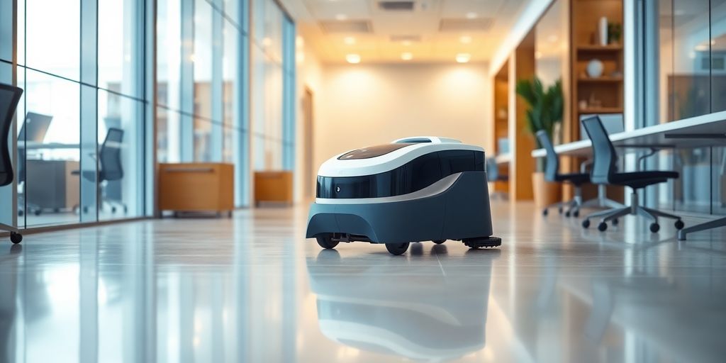 Modern cleaning robot in a bright office space.